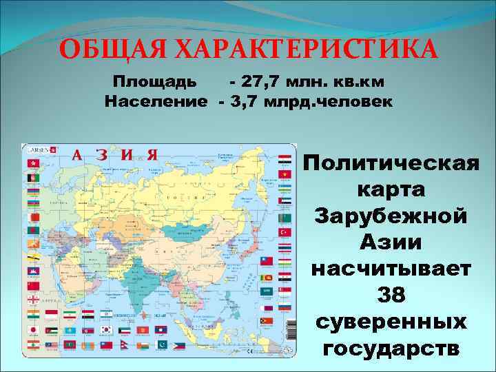 ОБЩАЯ ХАРАКТЕРИСТИКА Площадь - 27, 7 млн. кв. км Население - 3, 7 млрд.