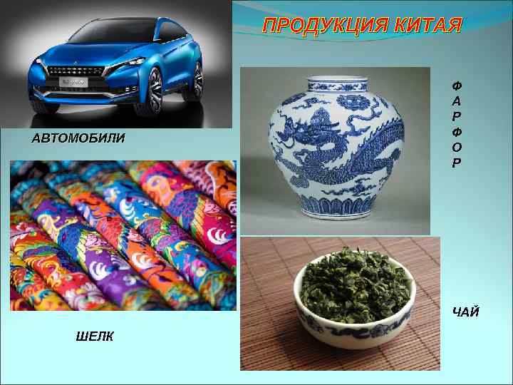 ПРОДУКЦИЯ КИТАЯ АВТОМОБИЛИ Ф А Р Ф О Р ЧАЙ ШЕЛК 