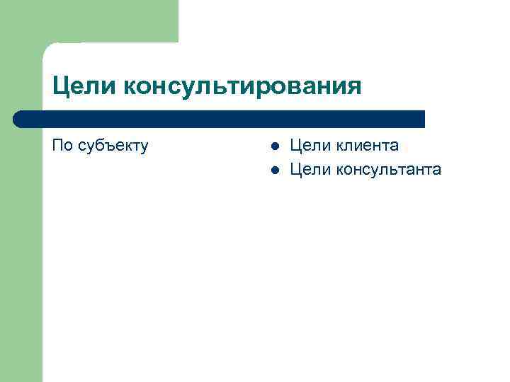 Цели консультирования По субъекту l l Цели клиента Цели консультанта 