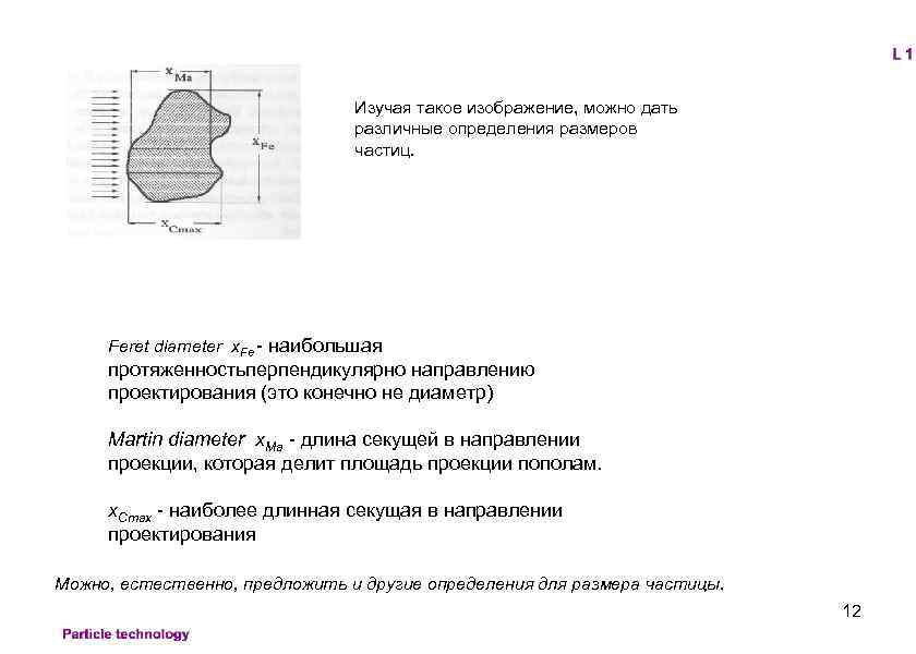 Изучая такое изображение, можно дать различные определения размеров частиц. Feret diameter x. Fe -
