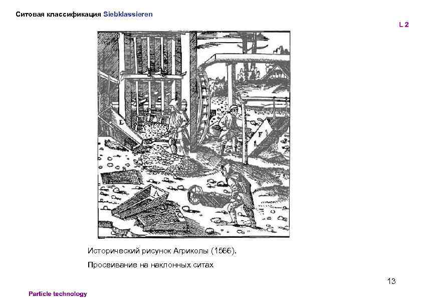 Ситовая классификация Siebklassieren Исторический рисунок Агриколы (1566). Просеивание на наклонных ситах 13 
