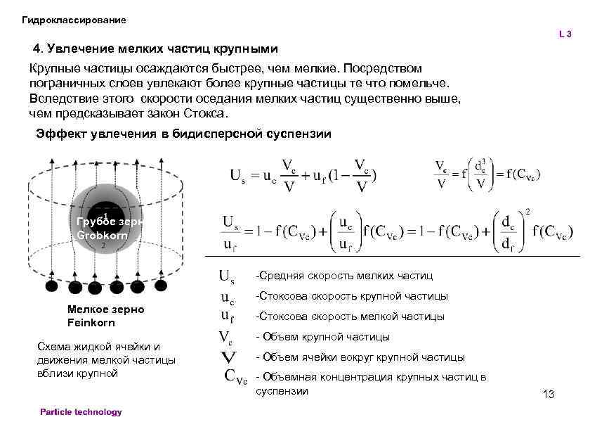 Гидроклассирование 4. Увлечение мелких частиц крупными Крупные частицы осаждаются быстрее, чем мелкие. Посредством пограничных