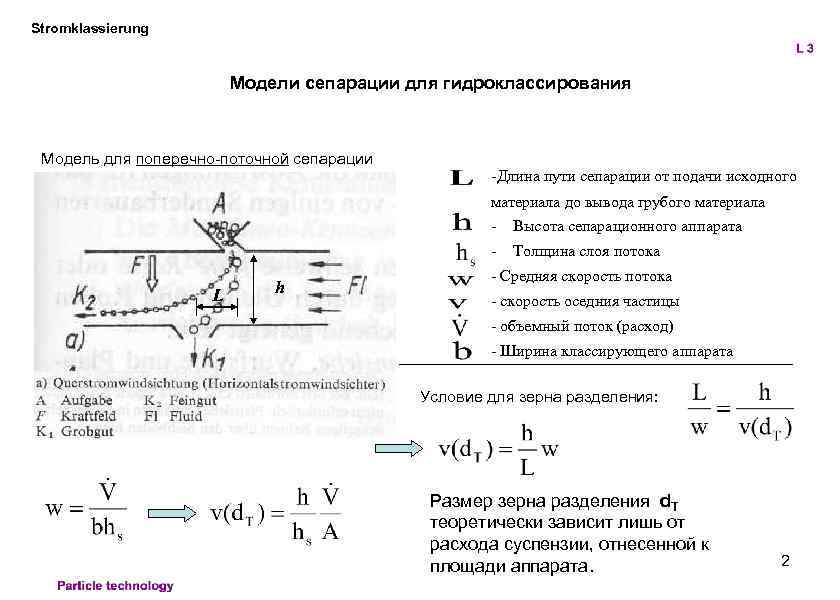 Stromklassierung Модели сепарации для гидроклассирования Модель для поперечно-поточной сепарации -Длина пути сепарации от подачи