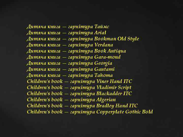 Дитяча книга — гарнітура Таймс Дитяча книга — гарнітура Arial Дитяча книга — гарнітура
