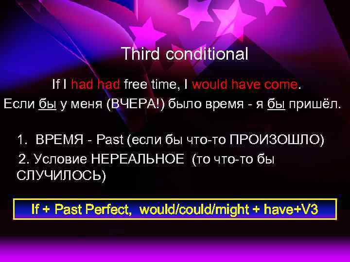 Third conditional If I had free time, I would have come. Если бы у