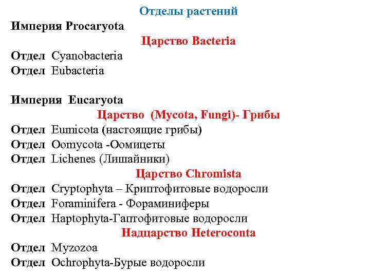 Отделы растений Империя Procaryota Царство Bacteria Отдел Cyanobacteria Отдел Eubacteria Империя Eucaryota Царство (Mycota,