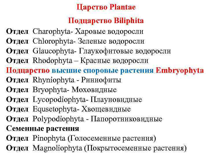 Царство Plantae Подцарство Biliphita Отдел Charophyta- Харовые водоросли Отдел Chlorophyta- Зеленые водоросли Отдел Glaucophyta-