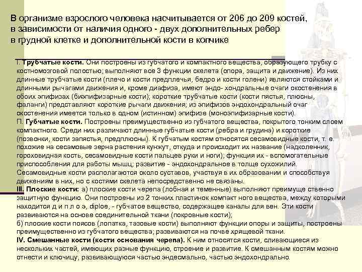 В организме взрослого человека насчитывается от 206 до 209 костей, в зависимости от наличия