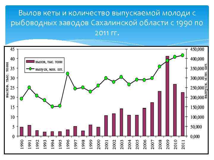 Вылов кеты и количество выпускаемой молоди с рыбоводных заводов Сахалинской области с 1990 по