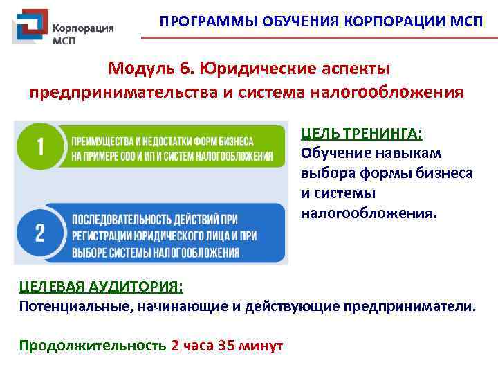 ПРОГРАММЫ ОБУЧЕНИЯ КОРПОРАЦИИ МСП Модуль 6. Юридические аспекты предпринимательства и система налогообложения ЦЕЛЬ ТРЕНИНГА: