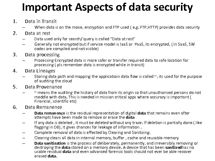 Important Aspects of data security 1. 2. 3. 4. 5. 6. – – –