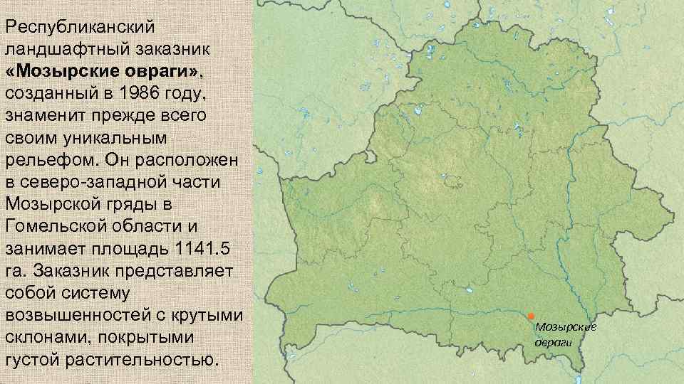 Республиканский ландшафтный заказник «Мозырские овраги» , созданный в 1986 году, знаменит прежде всего своим