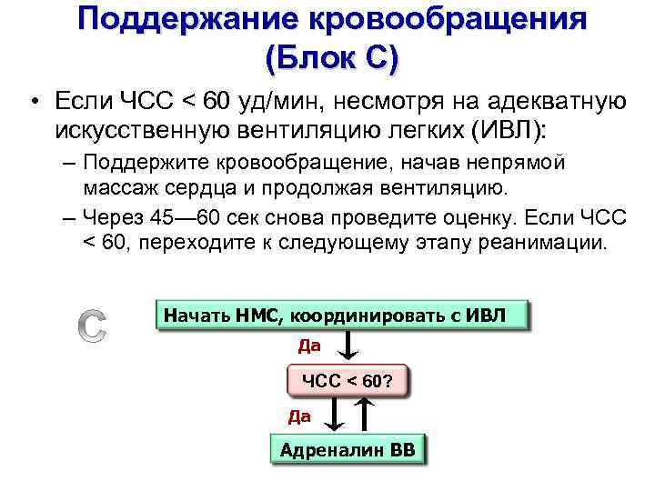 Поддержание кровообращения (Блок C) • Если ЧСС < 60 уд/мин, несмотря на адекватную искусственную