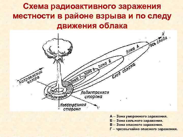 Схема радиоактивного заражения местности в районе взрыва и по следу движения облака А –