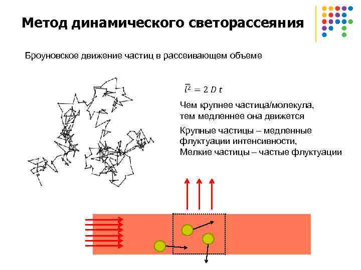 Метод динамического светорассеяния Броуновское движение частиц в рассеивающем объеме Чем крупнее частица/молекула, тем медленнее