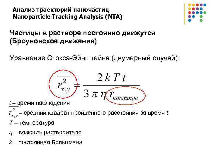 Анализ траекторий наночастиц Nanoparticle Tracking Analysis (NTA) Частицы в растворе постоянно движутся (Броуновское движение)