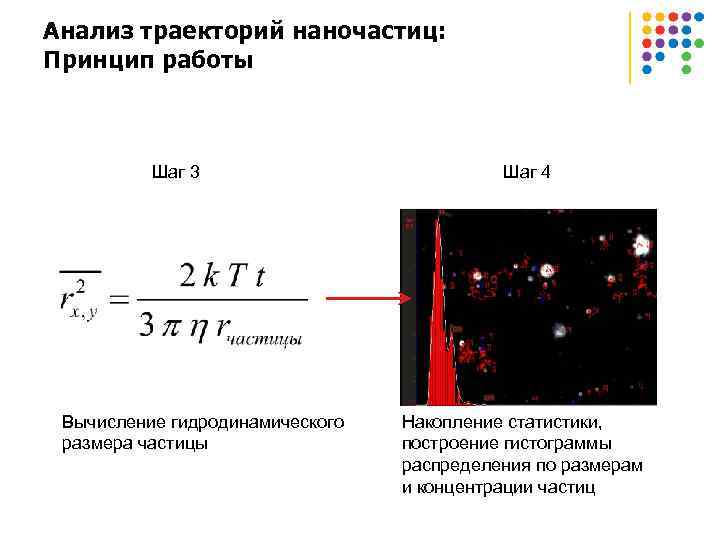 Анализ траекторий наночастиц: Принцип работы Шаг 3 Вычисление гидродинамического размера частицы Шаг 4 Накопление