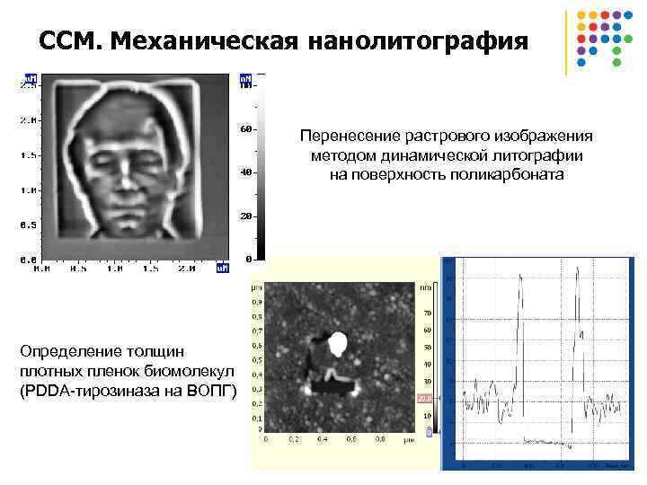 ССМ. Механическая нанолитография Перенесение растрового изображения методом динамической литографии на поверхность поликарбоната Определение толщин