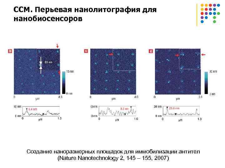 ССМ. Перьевая нанолитография для нанобиосенсоров Создание наноразмерных площадок для иммобилизации антител (Nature Nanotechnology 2,