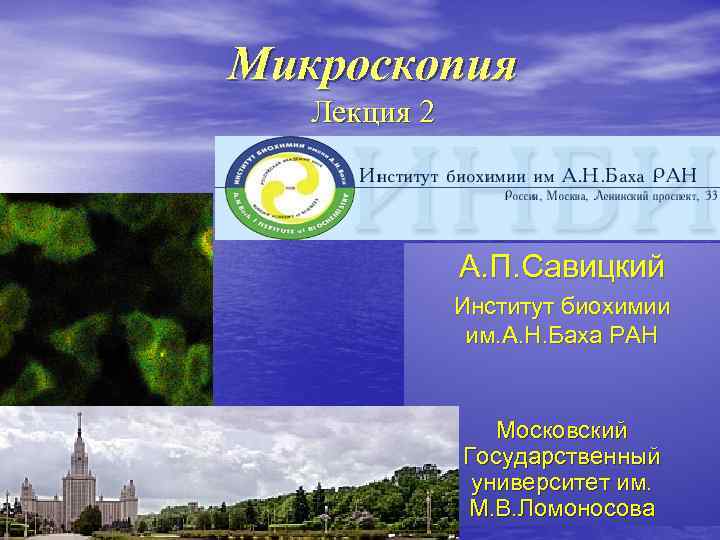 Микроскопия Лекция 2 А. П. Савицкий Институт биохимии им. А. Н. Баха РАН Московский