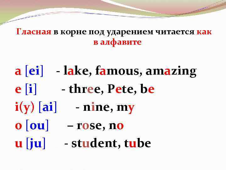 Гласная в корне под ударением читается как в алфавите a [ei] - lake, famous,