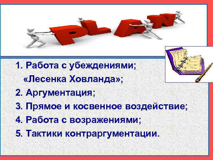 1. Работа с убеждениями; «Лесенка Ховланда» ; 2. Аргументация; 3. Прямое и косвенное воздействие;