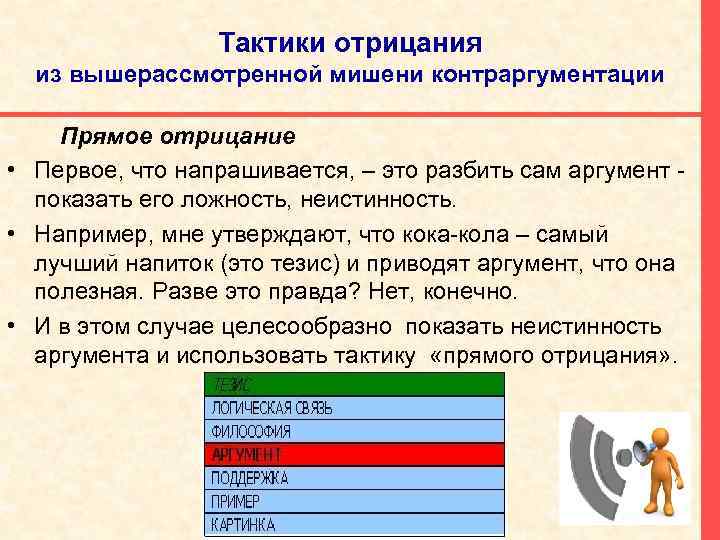 Тактики отрицания из вышерассмотренной мишени контраргументации Прямое отрицание • Первое, что напрашивается, – это