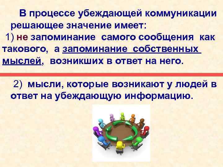 В процессе убеждающей коммуникации решающее значение имеет: 1) не запоминание самого сообщения как такового,