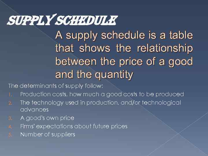 supply schedule A supply schedule is a table that shows the relationship between the