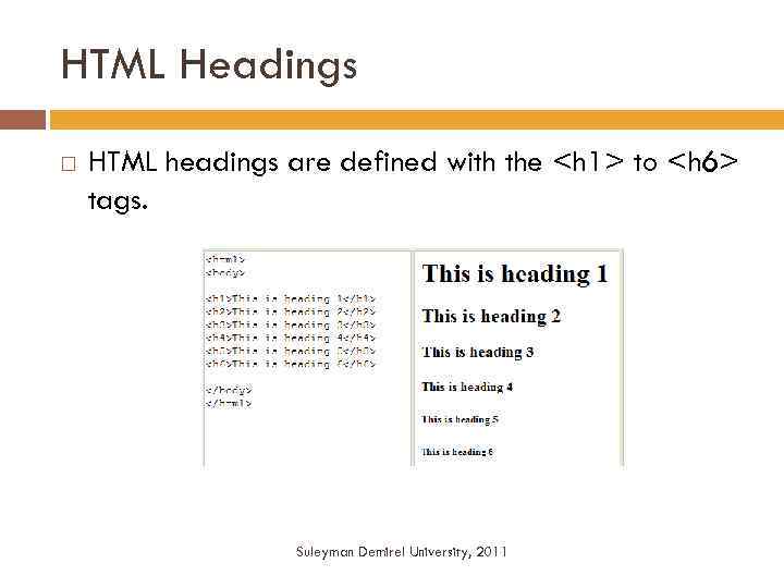 HTML Headings HTML headings are defined with the <h 1> to <h 6> tags.