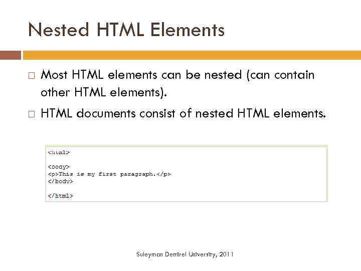 Nested HTML Elements Most HTML elements can be nested (can contain other HTML elements).