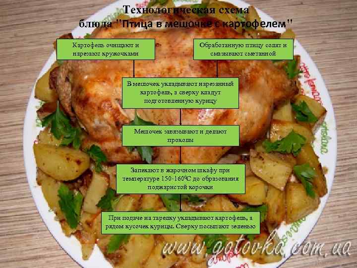 Технологическая схема блюда "Птица в мешочке с картофелем" Картофель очищают и нарезают кружочками Обработанную