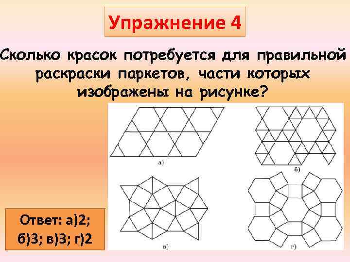 Упражнение 4 Сколько красок потребуется для правильной раски паркетов, части которых изображены на рисунке?