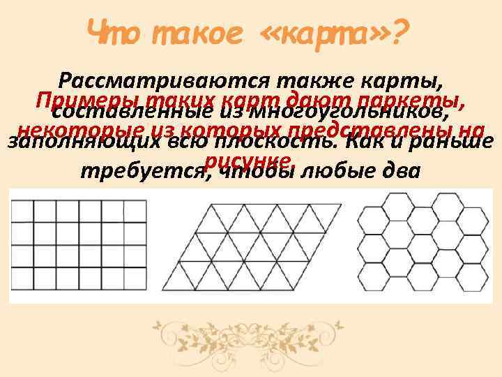 Рассматриваются также карты, Примеры таких карт дают паркеты, составленные из многоугольников, некоторые из которых