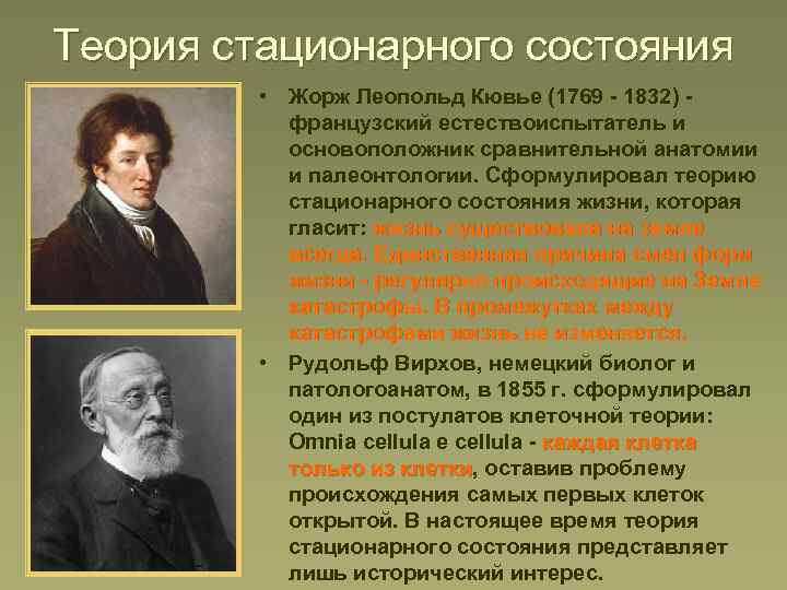 Теория стационарного состояния • Жорж Леопольд Кювье (1769 - 1832) французский естествоиспытатель и основоположник