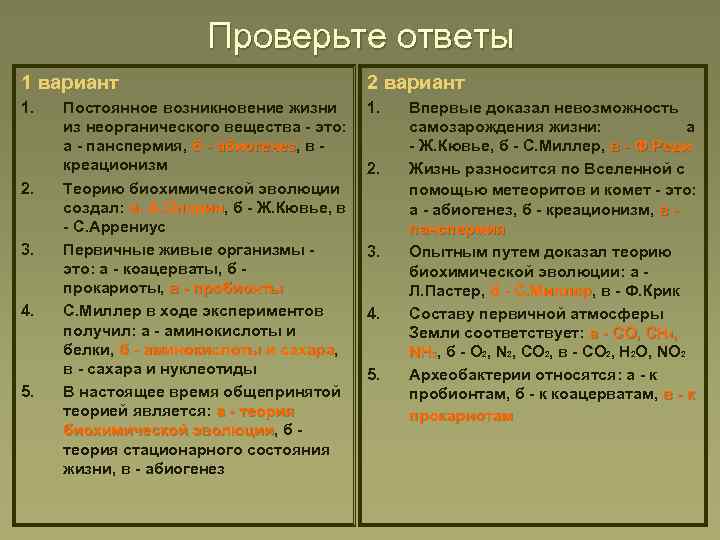 Проверьте ответы 1 вариант 2 вариант 1. 2. 3. 4. 5. Постоянное возникновение жизни