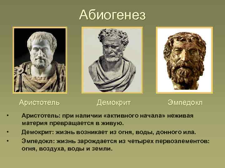 Абиогенез Аристотель • • • Демокрит Эмпедокл Аристотель: при наличии «активного начала» неживая материя