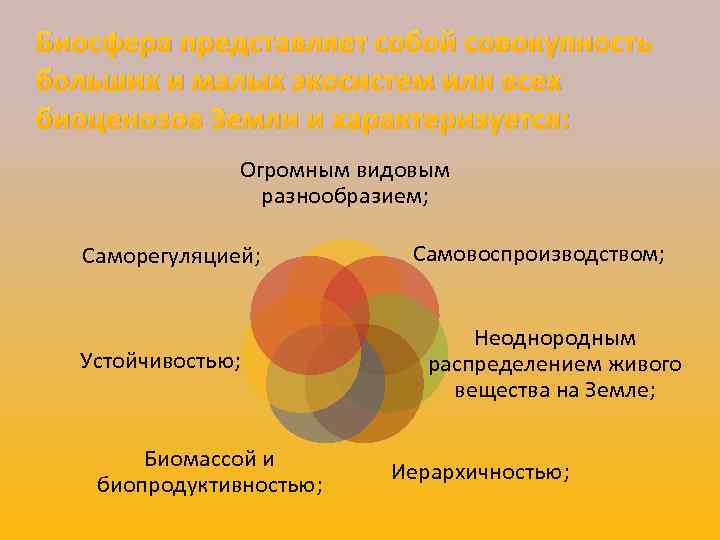 Биосфера представляет собой совокупность больших и малых экосистем или всех биоценозов Земли и характеризуется: