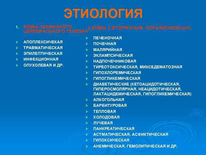 ЭТИОЛОГИЯ 1. КОМЫ ПЕРВИЧНОГО 2. КОМЫ С ВТОРИЧНЫМ ПОРАЖЕНИЕМ ЦНС: ЦЕРЕБРАЛЬНОГО ГЕНЕЗАА Ø АПОПЛЕКСИЧЕКАЯ