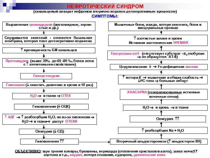 НЕФРОТИЧЕСКИЙ СИНДРОМ (канальцевый аппарат нефронов вторично поражен дегенеративным процессом) СИМПТОМЫ: Выраженная цилиндрурия (восковидные, зернистые