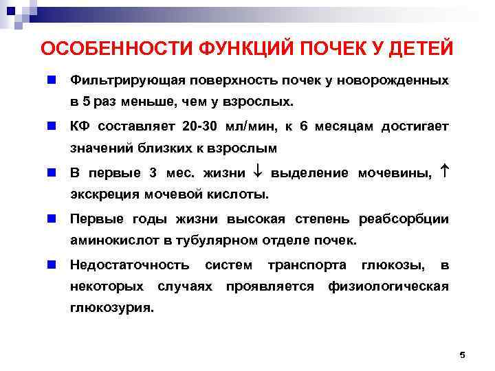 ОСОБЕННОСТИ ФУНКЦИЙ ПОЧЕК У ДЕТЕЙ n Фильтрирующая поверхность почек у новорожденных в 5 раз