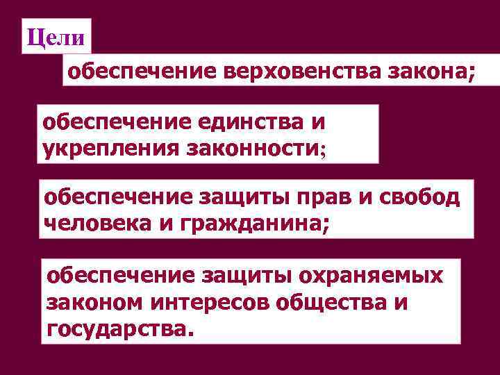 Цели обеспечение верховенства закона; обеспечение единства и укрепления законности; обеспечение защиты прав и свобод