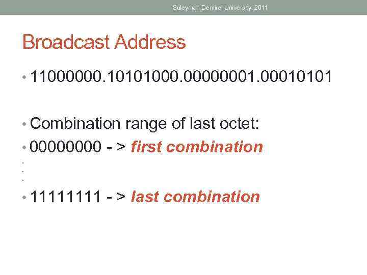 Suleyman Demirel University, 2011 Broadcast Address • 11000000. 10101000. 000000010101 • Combination range of
