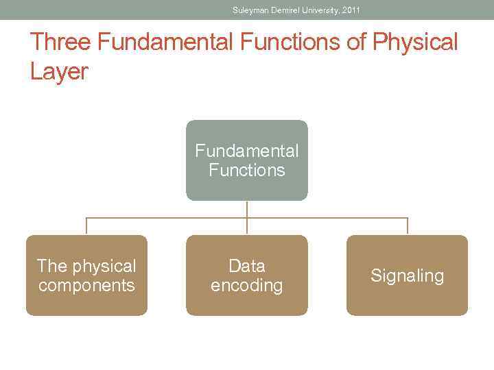 Suleyman Demirel University, 2011 Three Fundamental Functions of Physical Layer Fundamental Functions The physical