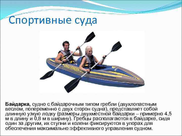 Спортивные суда Байдарка, судно с байдарочным типом гребли (двухлопастным веслом, попеременно с двух сторон