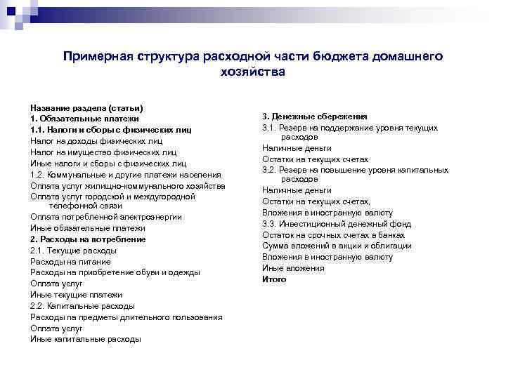 Примерная структура расходной части бюджета домашнего хозяйства Название раздела (статьи) 1. Обязательные платежи 1.