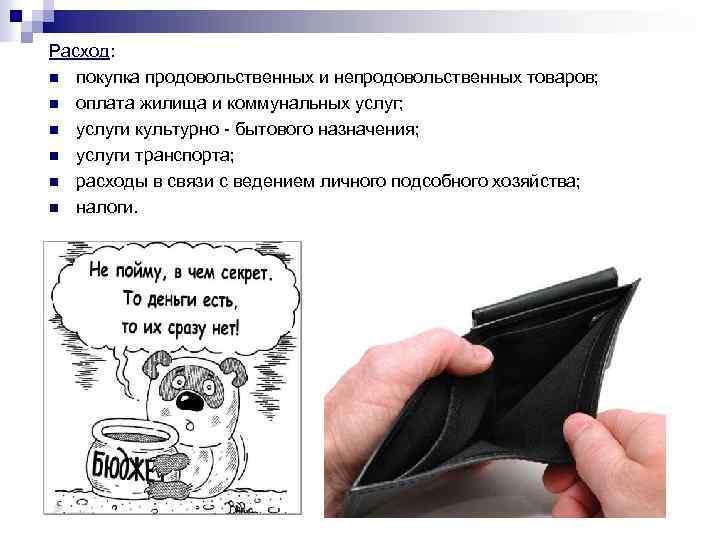 Расход: n покупка продовольственных и непродовольственных товаров; n оплата жилища и коммунальных услуг; n