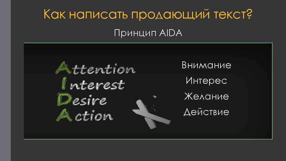 Как написать продающий текст? Принцип AIDA Внимание Интерес Желание Действие 