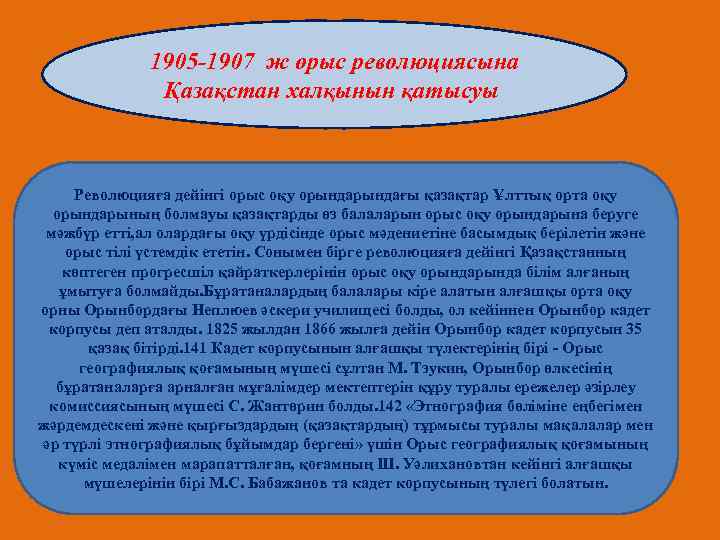 1905 -1907 ж орыс революциясына Қазақстан халқынын қатысуы Революцияға дейінгі орыс оқу орындағы қазақтар