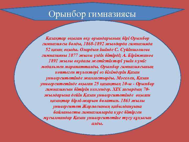 Орынбор гимназиясы Қазақтар оқыған оқу орындарының бірі Орынбор гимназиясы болды, 1868 -1892 жылдарда гимназияда